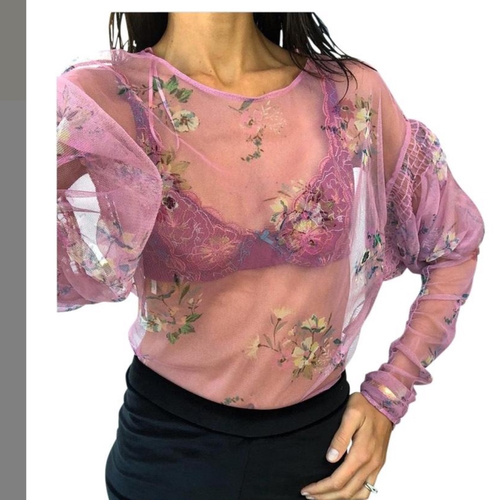 Zara printed floral sheer romantic love sleeve top